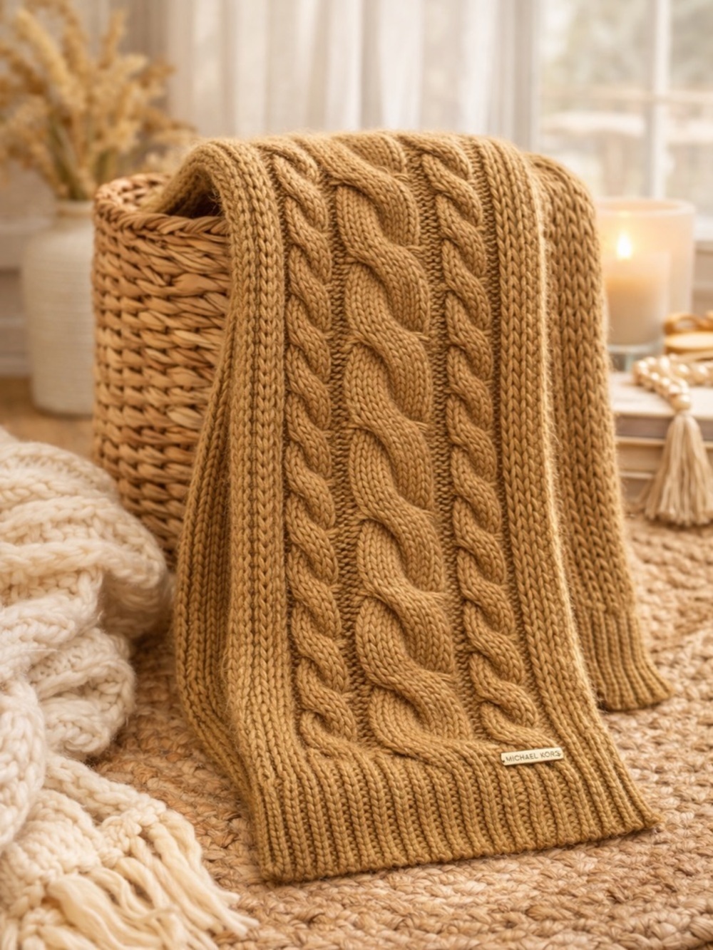 Michael Kors Camel Cable Knit Winter Scarf Tan Chunky Knit Logo